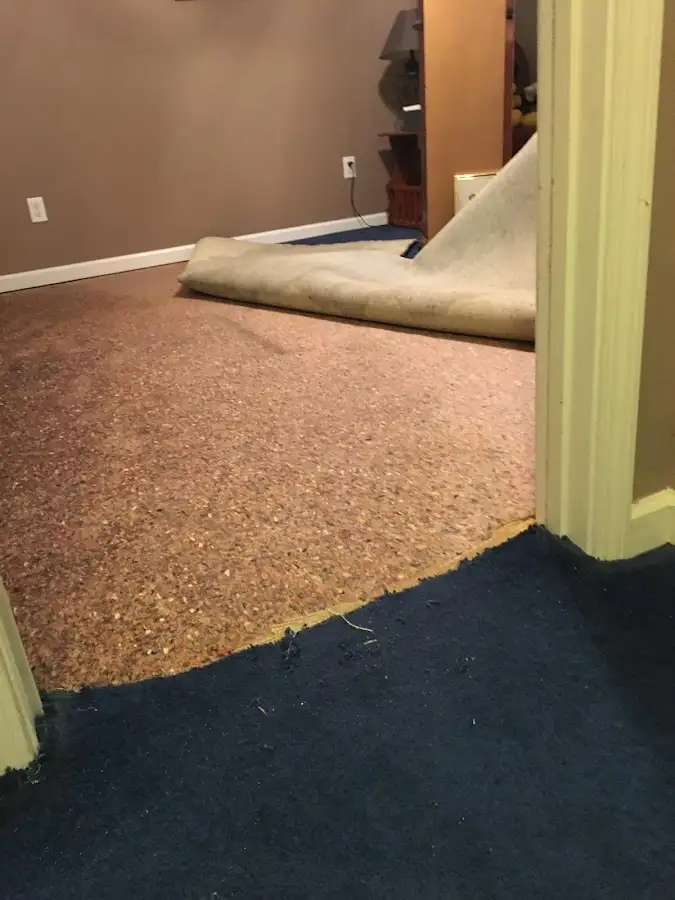 Carpet pad removal revealing water damage during Drying & Dehumidification in La Puente